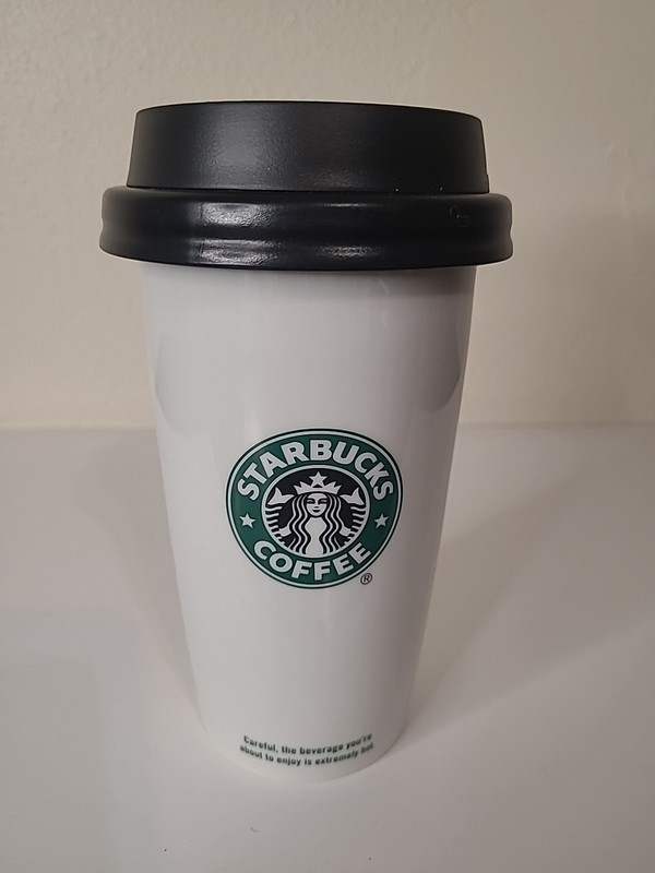 STARBUCKS 2009 12oz Coffee Mug Cup White Ceramic Travel Tall Tumbler Locking Lid