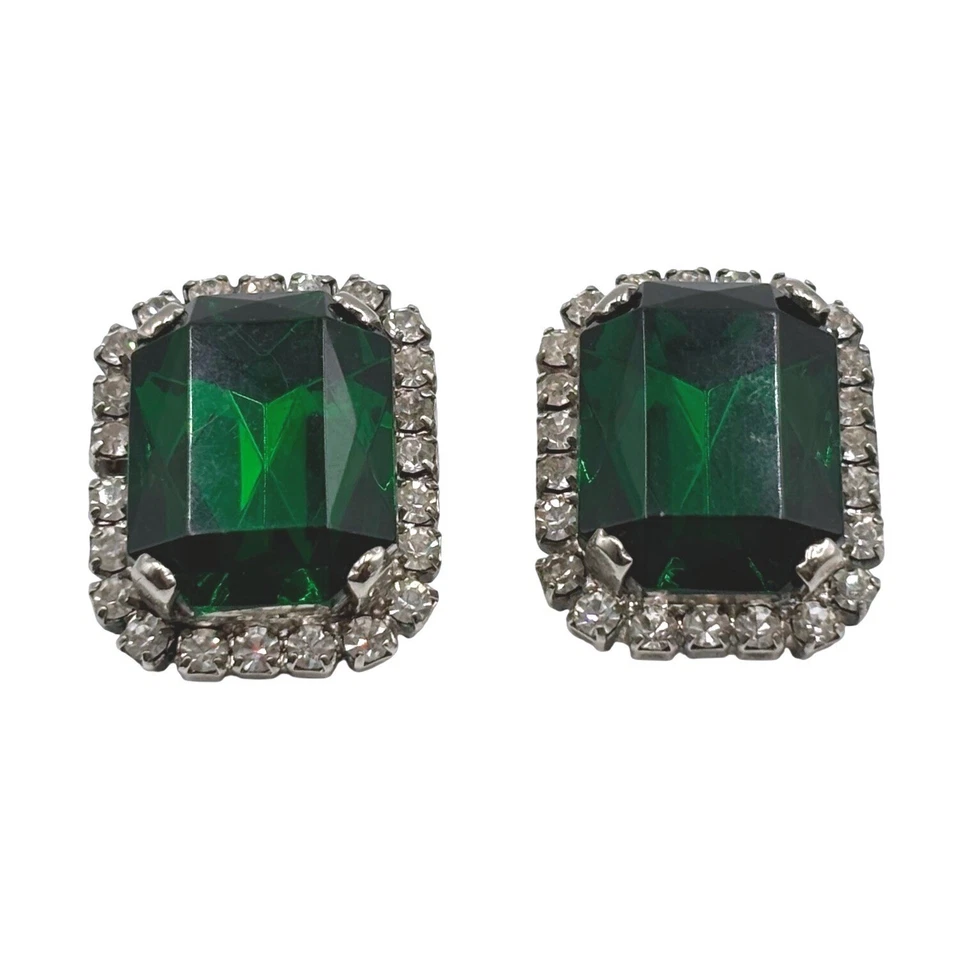 Pendientes de clip vintage de diamantes de imitación de cristal verde esmeralda pendientes malvados Foto 2 de 4