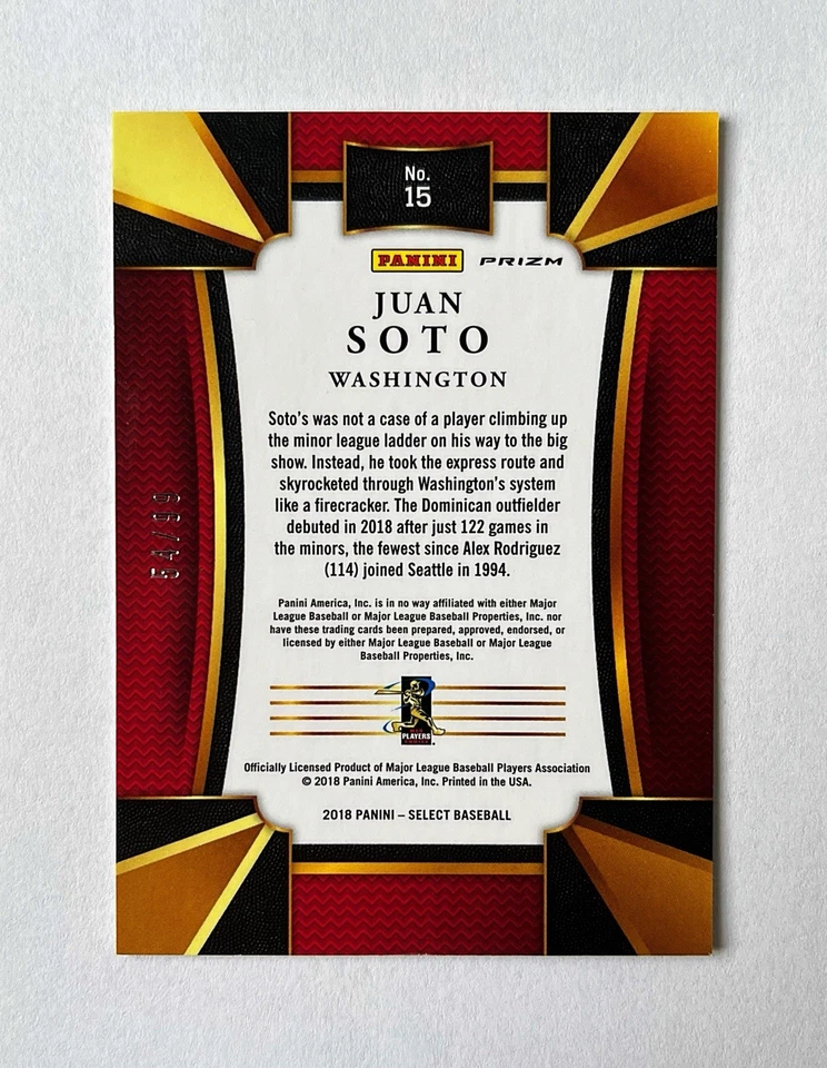 Panini Chronicles Select 2018 Juan Soto Rookie Red Prizm RC #/99 Foto 2 de 2