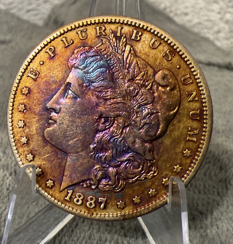 1887 S MORGAN SILVER DOLLAR GEM BU PROOF LIKE  RAINBOW TONED