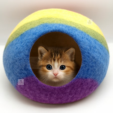 Rainbow Felted Wool Cat Cave Bed   LG Handmade Cozy Pet House for Kittens  Cats