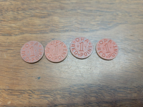 Original 4 WWII OPA Red Point Ration Tokens Home Front Ration WW2