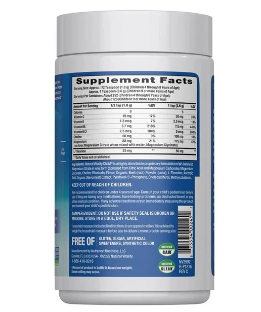 Polvo de magnesio CALM | 16 OZ | Baya mixta | L-teanina | de Natural Vitality Foto 4 de 4