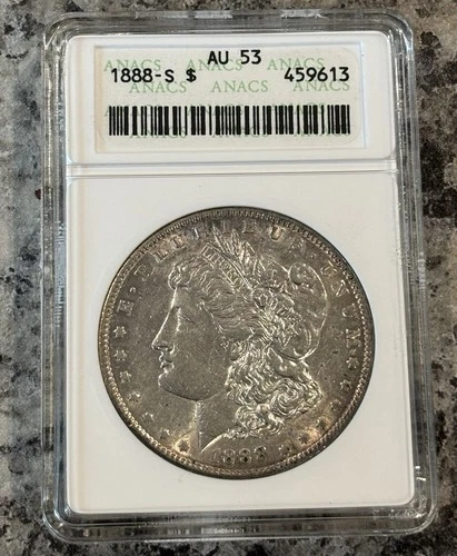 1888-S AU53 Morgan Silver Dollar ANACS Soapbox Holder Rare Key Date Coin