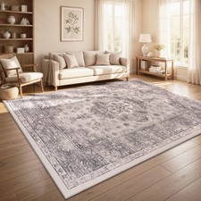 Vintage Boho moderner Wohnzimmerteppich Kurzflor waschbar rutschfest Grau Bunt