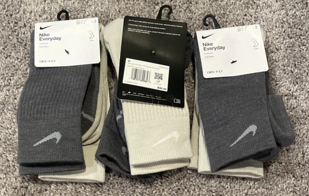 6 Pairs-Nike Everyday Crew Wool Blend Socks Grey Bone Beige Size M