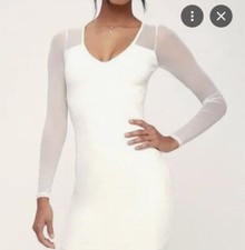 Lulus Dress Parisian Nights White Bodycon Dress Mesh Sheer Long Sleeves Sz XS