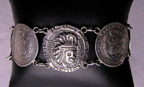 Peruvian Coin Bracelet Vintage Handmade 9" Inch Chain 900 Silver Peru Artisan - Picture 5 of 9