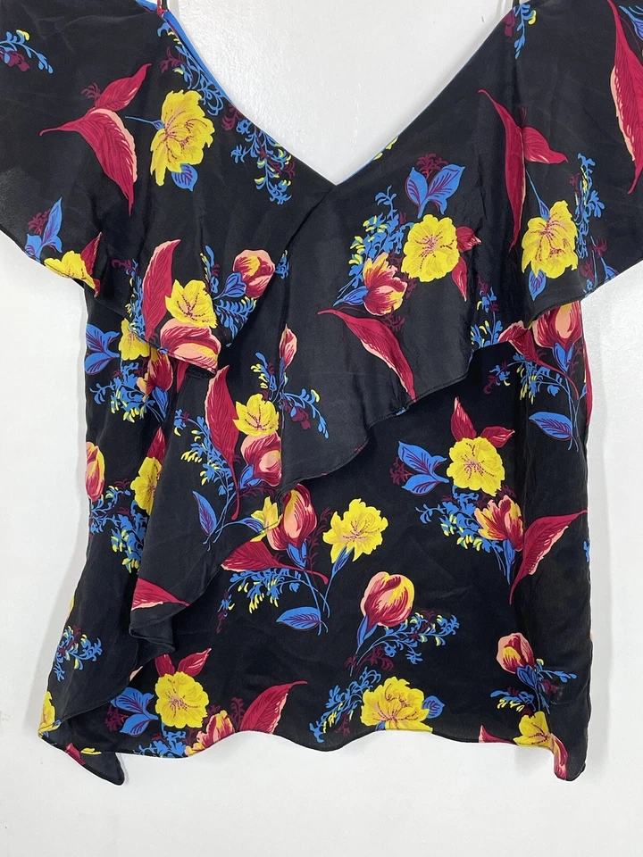 Diane Von Furstenberg Cold Shoulder Silk Blouse Ruffle Floral Black Size P - Image 2 of 4