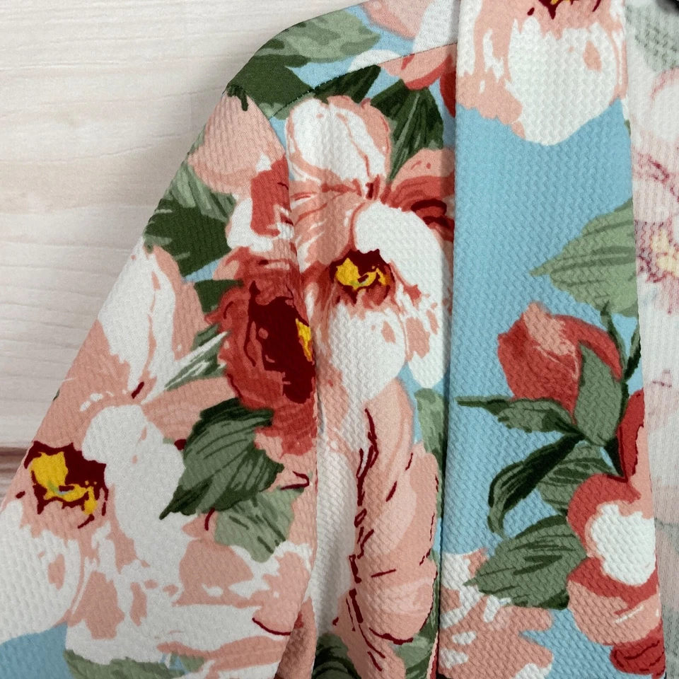 Chaqueta Marca Slinky Mujer L Azul Floral Textura Tejida Frente Abierto Chal Cuello Foto 4 de 4