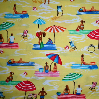 BonEFul Fabric FQ Cotton Quilt Yellow Ocean Water Lake Scenic Family People Swim
