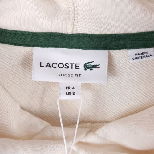 LACOSTE Mens Hoodie Small Cream Pullover Sweatshirt Logo Loose Fit Baggy $165 - Picture 6 of 11