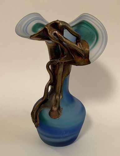 Vtg Filip Ravert Romanian Hand Blown Art Glass Vase Blue Copper Overlay Fluted - Picture 10 of 12