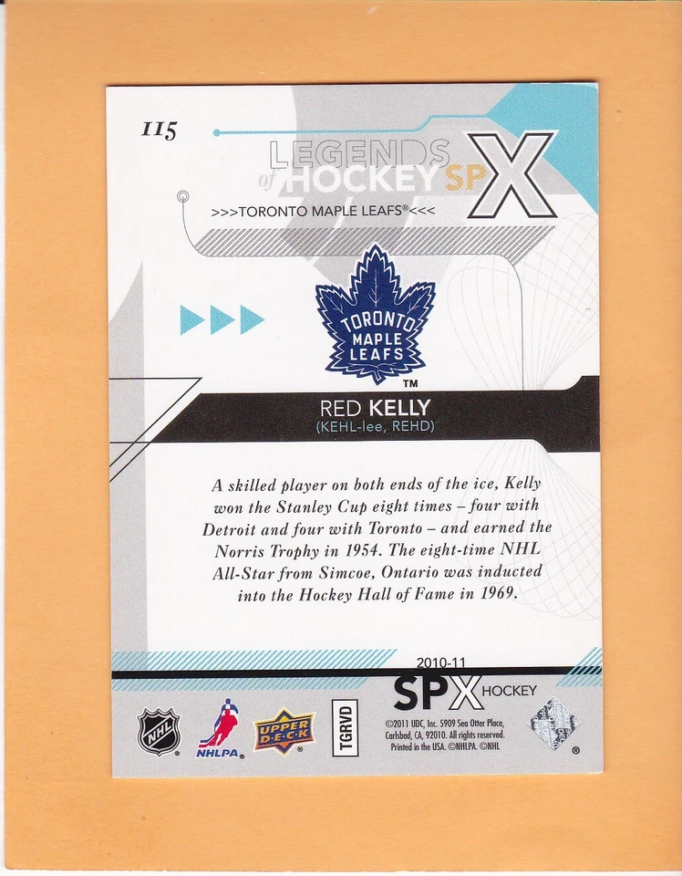 RED KELLY 2010-11 SPX LEGENDS OF HOCKEY SP 999 TORONTO MAPLE LEAFS #115 NM-MT - Image 2 of 2