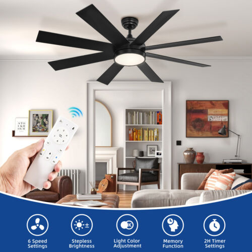 Poruace 60" Black Ceiling Fan 3 Color Temperatures Indoor Light Fan w/ 6 Speeds - Picture 8 of 17