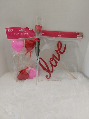Valentine's Day Mixed Lot 4-Pk Glitter Heart Picks, Red Glitter Love Pick & Rose