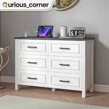 6 Drawers Wooden Dresser White TV Stand with Power Outlet Alloy Bar Handle Unit