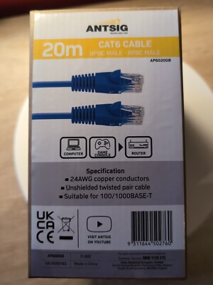 High Speed Internet Cat 6 Kabel 20 Meter Blau Neu Originalverpackt Hergestellt von Antsig
