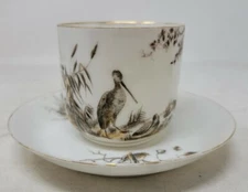 Antique Old Paris Porcelain Cup & Saucer - Shore Birds and Rabbits #2