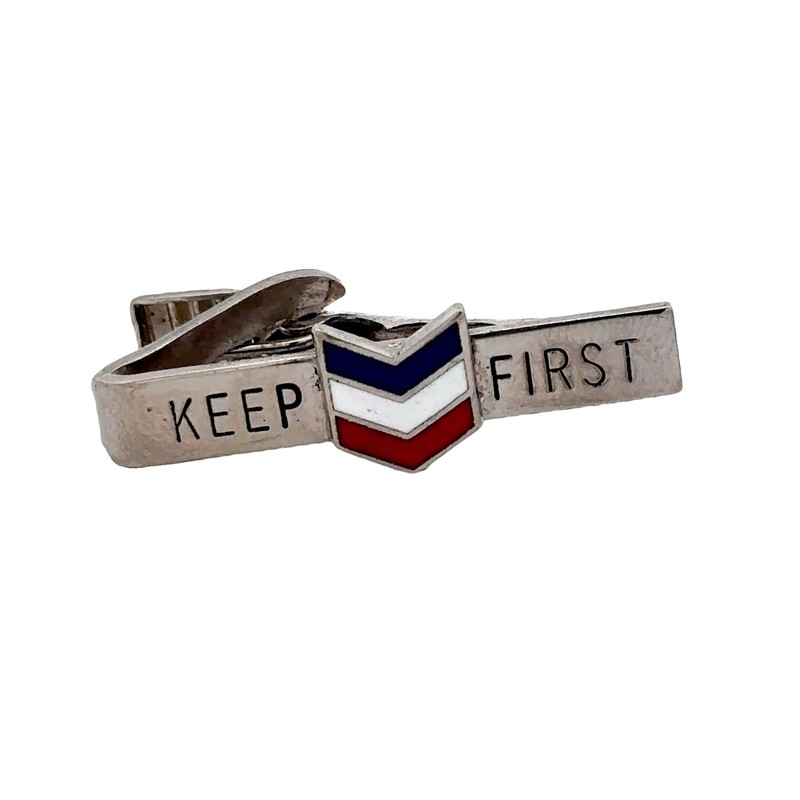 Vintage Chevron Keep First Pump Jockey Silver Tone Enamel Tie Bar Clip