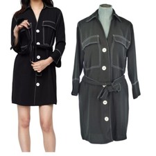Zara Black Shirt Dress Contrast White Stitching Belt Pockets Front Buttons XS