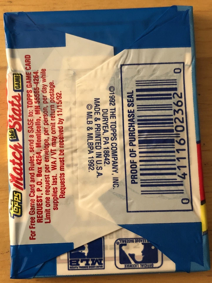 Paquete de cera de béisbol Topps 1992 Tony Fossas Red Sox (top) Mark Lewis Indians (atrás) Foto 2 de 2