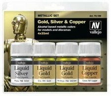 Vallejo Paint 35ml Bottle Liquid Gold, Silver, Copper Metallic Model Color Paint