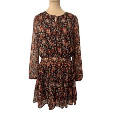 Easel Floral Smocked Waist Tiered Mini Dress S Black Orange Boho Cottagecore