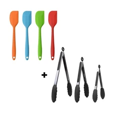 4-piece 11 inch Silicone Spatulas + 3-piece Silicone Tongs Set