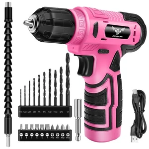 8V Pink Cordless Power Drill Set 3/8 Keyless Chuck TypeC Charger Cable