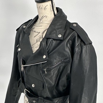 Wilsons Leather Jacket Womens Large Black Cropped Moto Belted Zip