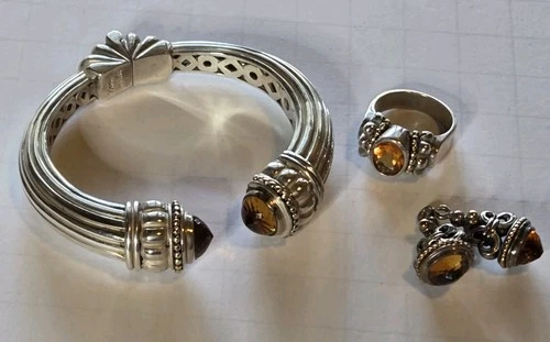 Vintage Lagos Caviar Sterling & 18k Gold Set Cuff Ring & Earring Jackets Citrine