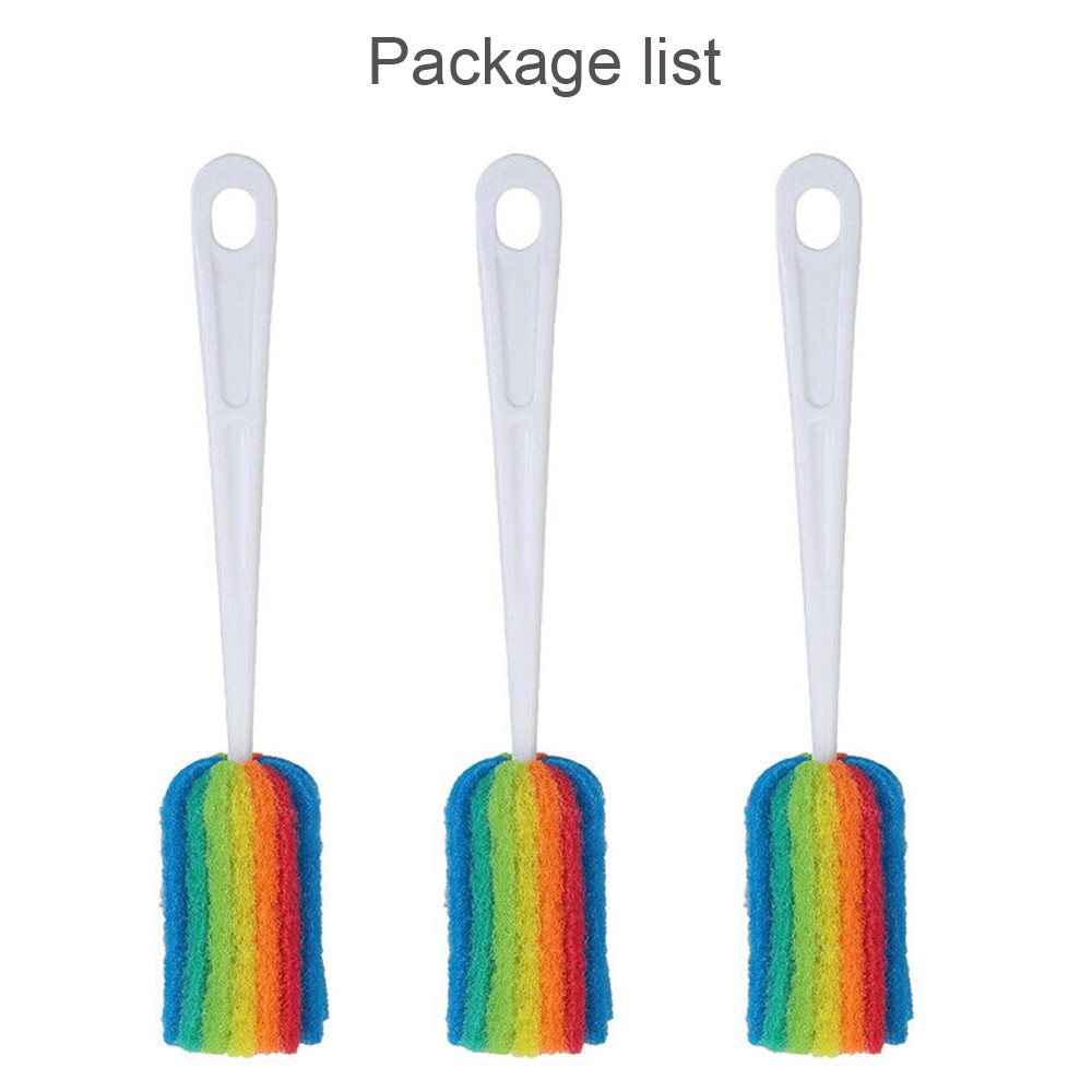 3PCS Reusable Long Handle Cleaning Brush Sponge Bottle Scrubbers Glasses Washing