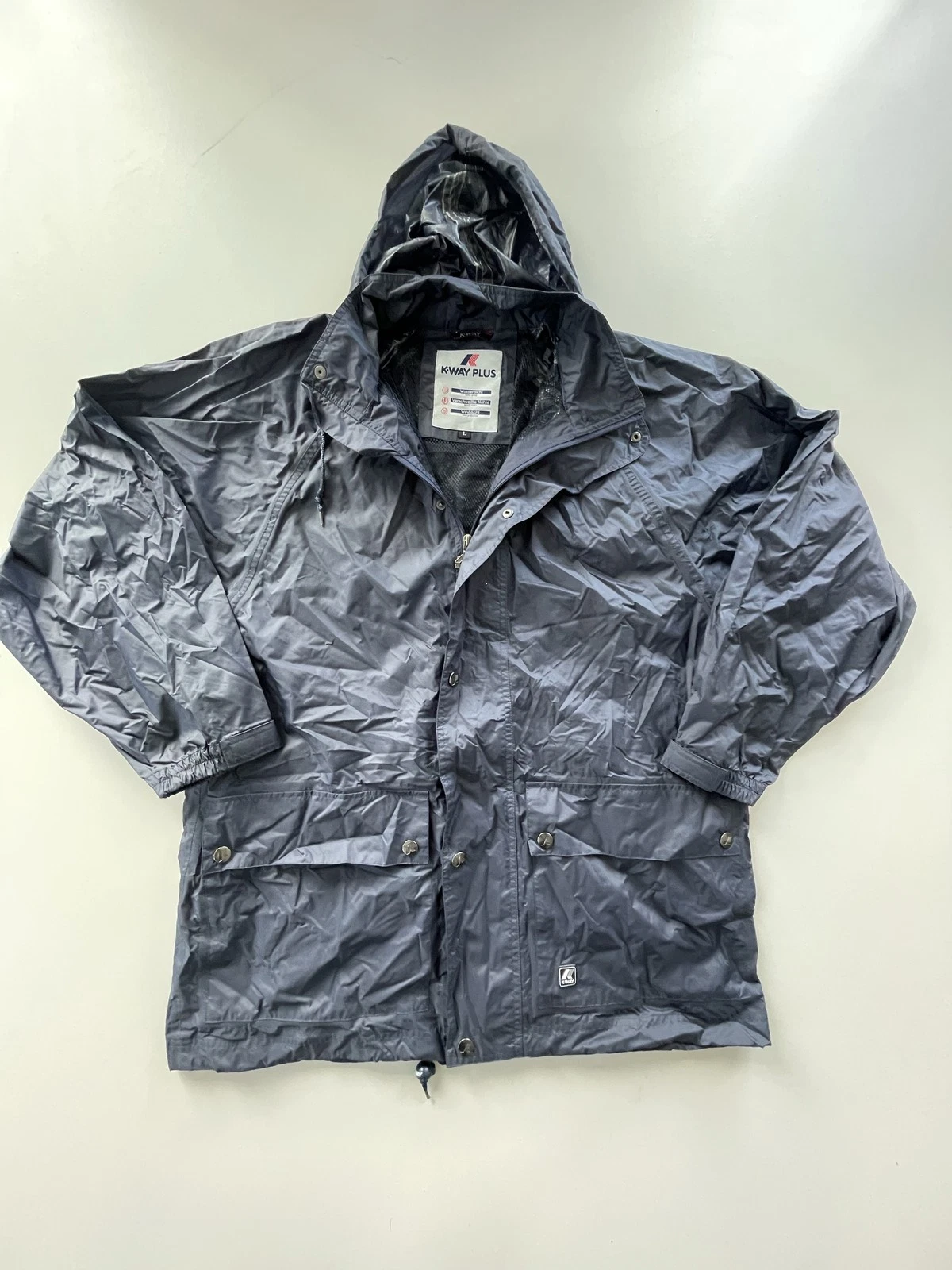 K-Way Plus Anorak Jacket Size L Blue Hooded Lightweight Raincoat