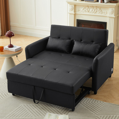 Convertible Sleeper Bed Loveseat with USB Ports, Black PU Leather