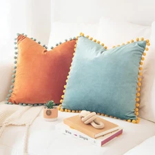 Decorative Throw Pillow Covers Cushion Cases, Set of 2 Soft Velvet Pom Poms D...