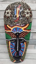 Costa Rica Indigenous Style Hand Carved Wood Mask Hand Painted Dot Shells Lizard