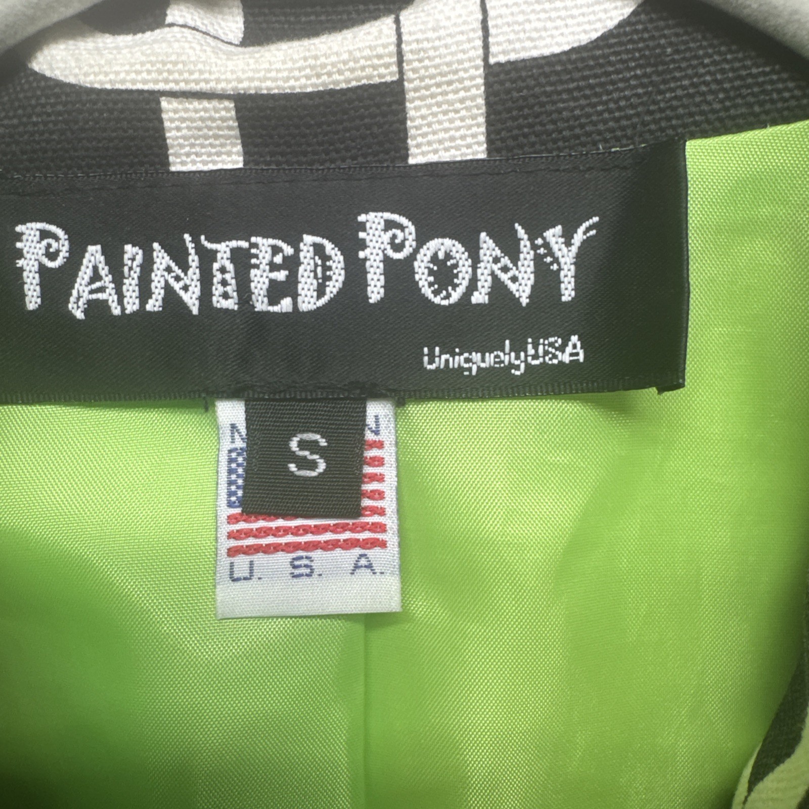 Blazer pony vintage dipinto donna S nero bianco stampa catena mod USA giacca