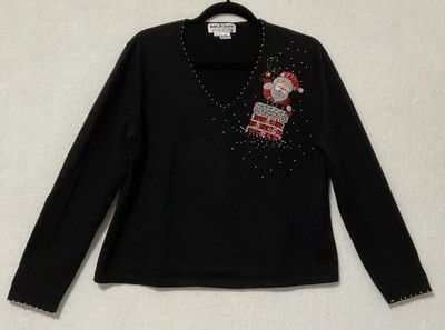 Jack B Quick CHRISTMAS SWEATER Women s Size Large Black Beaded Santa w/Faux Gems