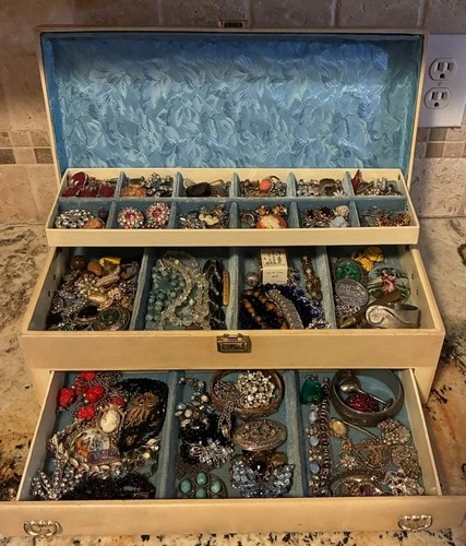 Large Jewelry Box Filled With Vintage Necklaces Brooches Earrings Rings Costume