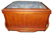 Vintage Wood Tapestry Top Sewing Craft Box with Tray & Handle Circa 1970