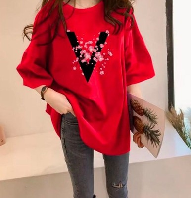 Damen T-Shirt intensiv rot mit großen romantischen Blumenmustern