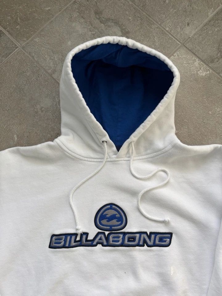 Sudadera con Capucha Blanca Billabong Spellout Años 90 De Colección Talla Mediana Surf Skate 23x26 Foto 2 de 4