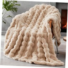 Faux Fur Throw Blanket for Couch, 1000 GSM Cozy Fuzzy Fluffy Soft 50 60 Beige