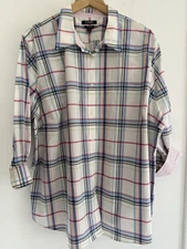 Chaps No Iron Plaid White Pink Blue Button Up Shirt Top Blouse NEW 2X Flip Cuff