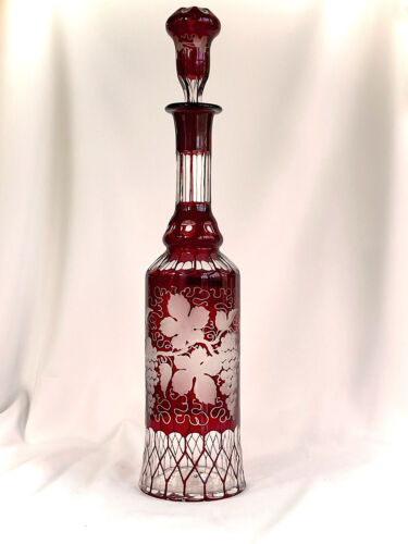 Egermann Czech Decanter Ruby Cut to Clear Signed Decanter 1800 Engraved - Picture 1 of 16