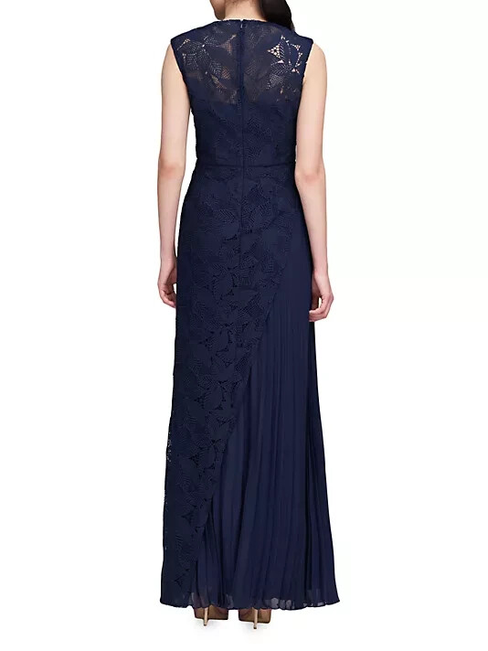 Kay Unger Midnight Blue Dianna Lace Pleated Gown Size 8 $368