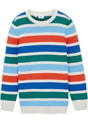 Neu Jungen Strickpullover mit Streifen Gr 128/134 Naturmeliert Baumwoll-Sweater