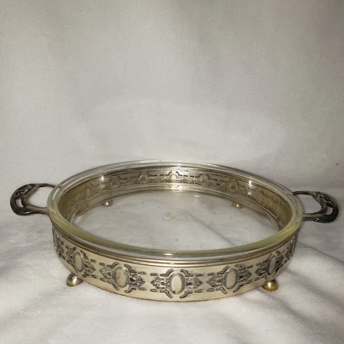 Vintage Pyrex Glass Flat Cake Pan in Art Deco Metal Stand 1919