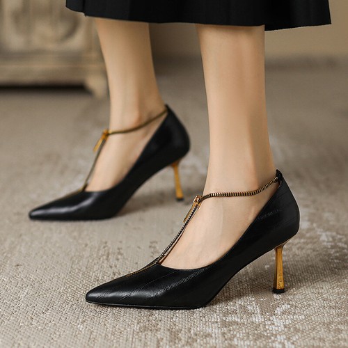 Womens Fashion Court Shallow Shoes Leather Pointy Toe Zipper T-Strap High Heel - Picture 2 of 16